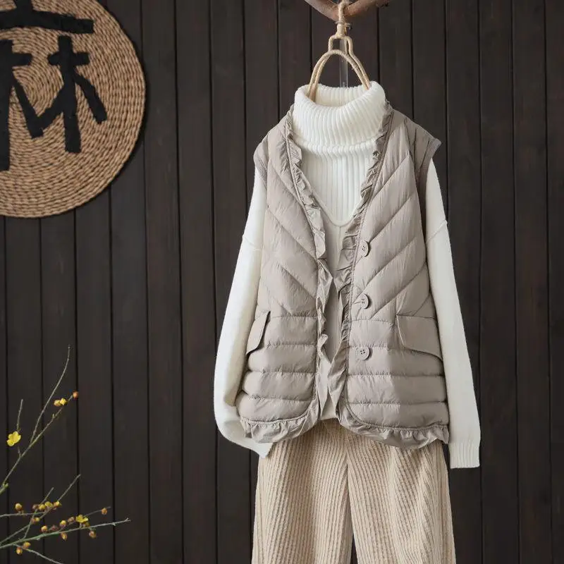 

Pure Color White Du down Vest Women's Loose Fit Svel V-Ne Outerwear Faionable Commute Sle Thinming Effect