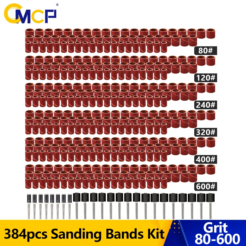 

CMCP 384 шт., комплект шлифовальных лент, шлифовальный барабан с оправкой 1/4 1/2, вращающийся инструмент Dremel, шлифовальная лента для ногтей, рукава