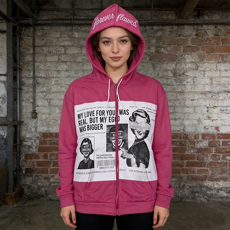 

Grunge Vintage Y2K Autumn Winter Fashion Hip Hop Punk Casual Coat Portrait Letter Printed Funny Long Sleeve Loose Zipper Hoodies