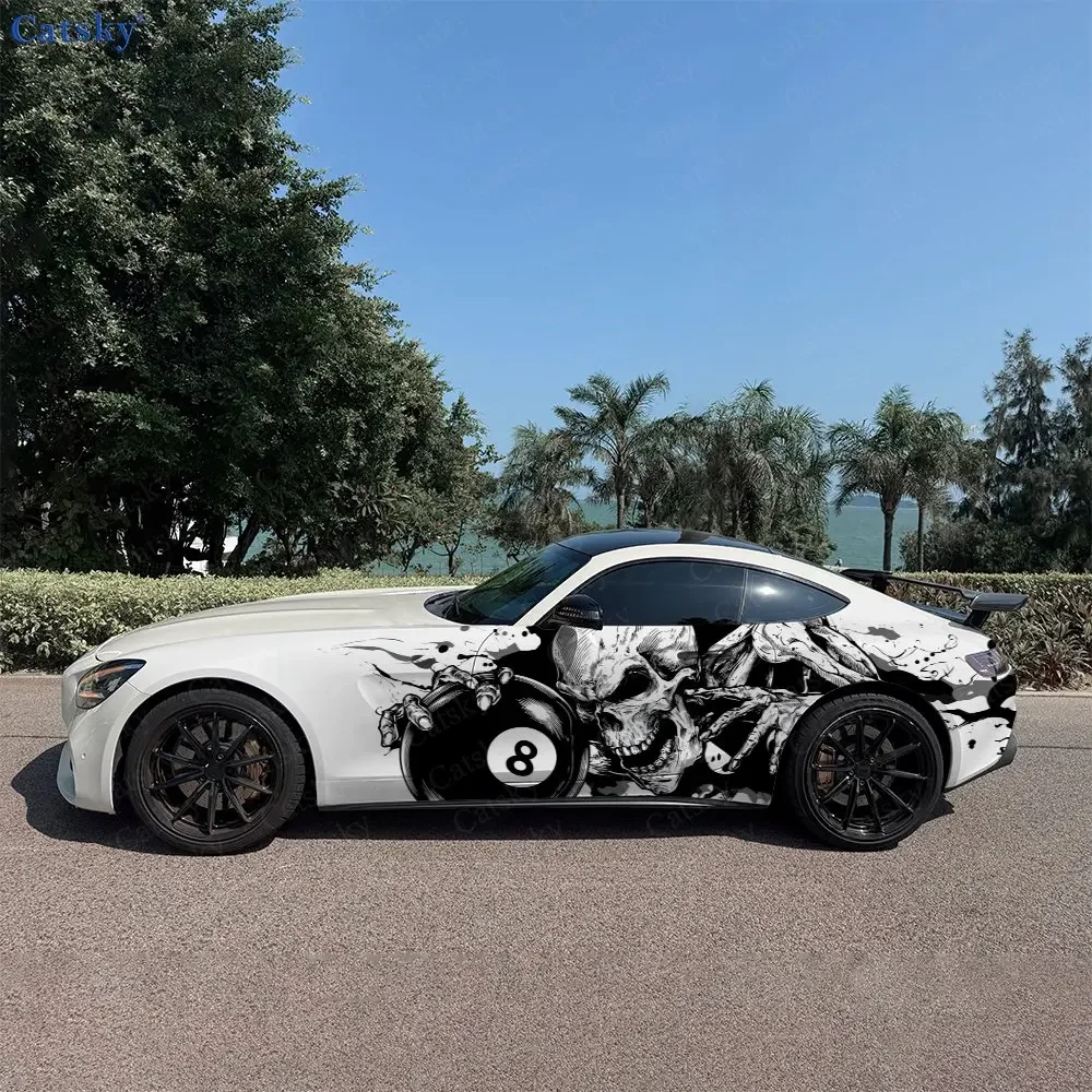 2pcs Ink Wash Skull 8-Ball Shadow, Durable, Fade-resistant, Enhance Vehicle Aesthetics With Bold Artistic Design Car Vinyl Wraps