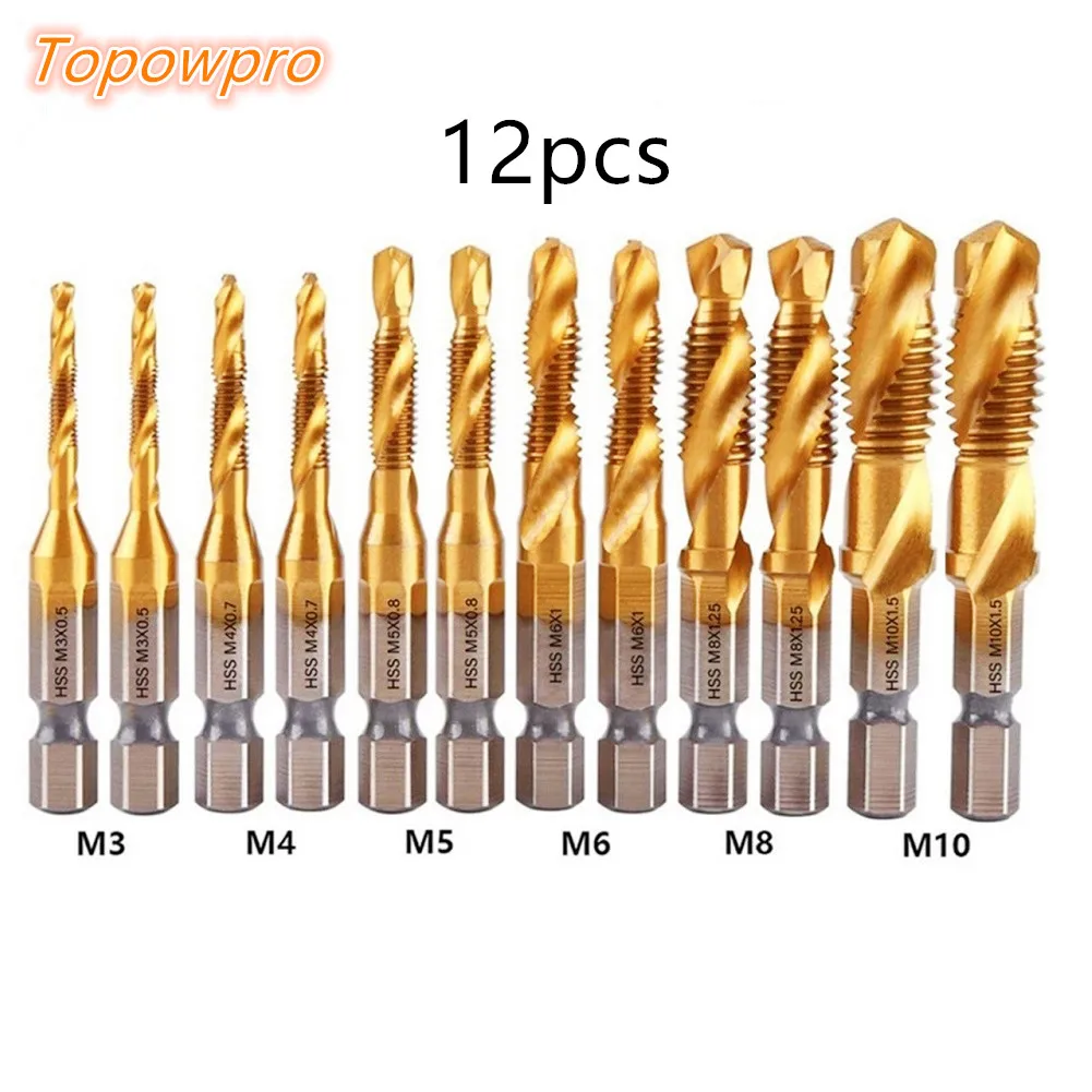 

12pcs Metric Tap Drill Bits Titanium Plated Screw Thread Hex Shank Compound Tool For Metal Steel Wood Plastic