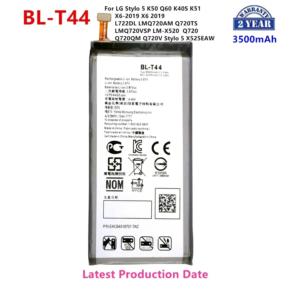 Original BL-T44 3500mAh Replacement Battery For  LG Stylo 5 K50 Q60 K40S K51 X6-2019 X6 2019 Mobile phone Batteries