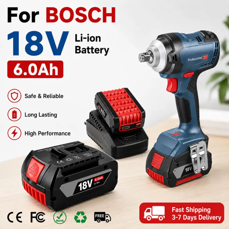 Schneller Versand EU-Lagerbestand 18V 6000mAh Li-Ionen-Akku Kompatibel mit BOSCH 18V Performance Series GDS250-Li GSR180-Li GKS185-Li GWS180-Li GSB185-Li Wiederaufladbarer Elektrowerkzeug-Akku