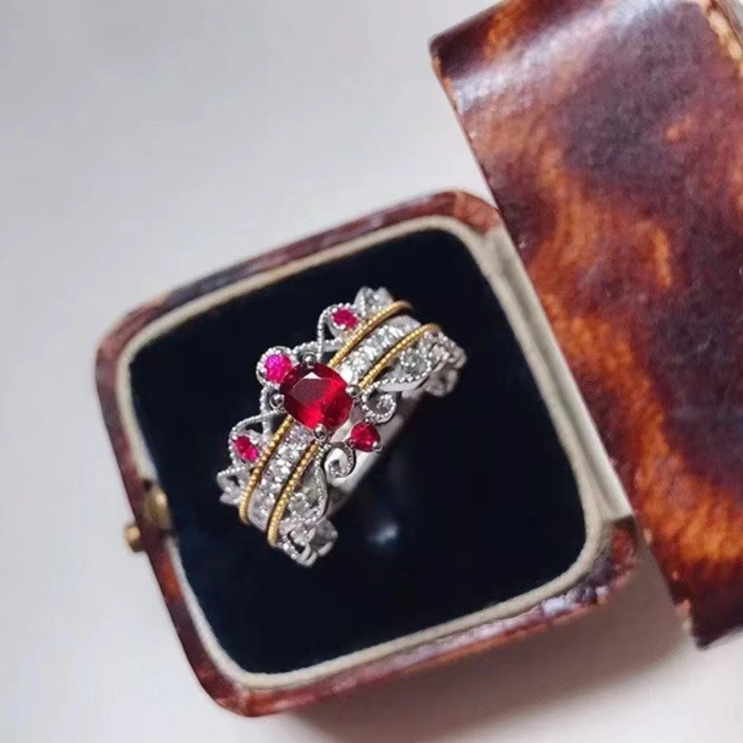Anillo de mujer de Triple desgaste con rubí Natural de Myanmar recién quemado, plata pura S925, exquisitas gemas incrustadas de alta claridad