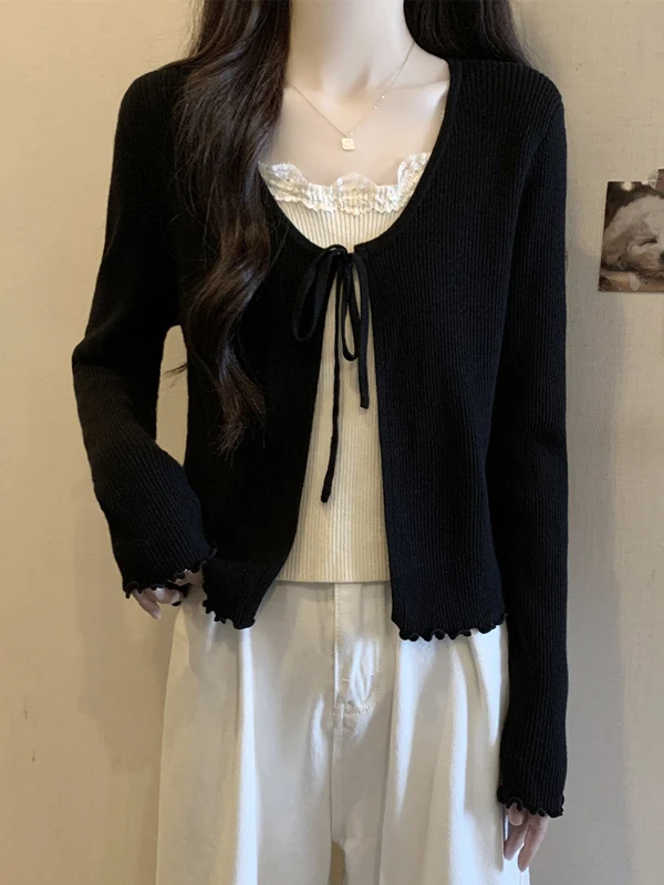 

plus Size Women's Knitted Top Color Block Design Belly Cover up Spring Autumn Inner Wear Wooden Detail Casual Luxury Style