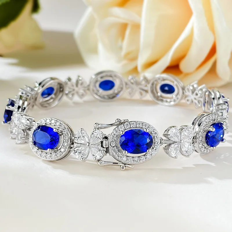 

New 925 Silver Simulated Sapphire 6 * 8 Oval Royal Blue Bracelet Daily Classic Popular