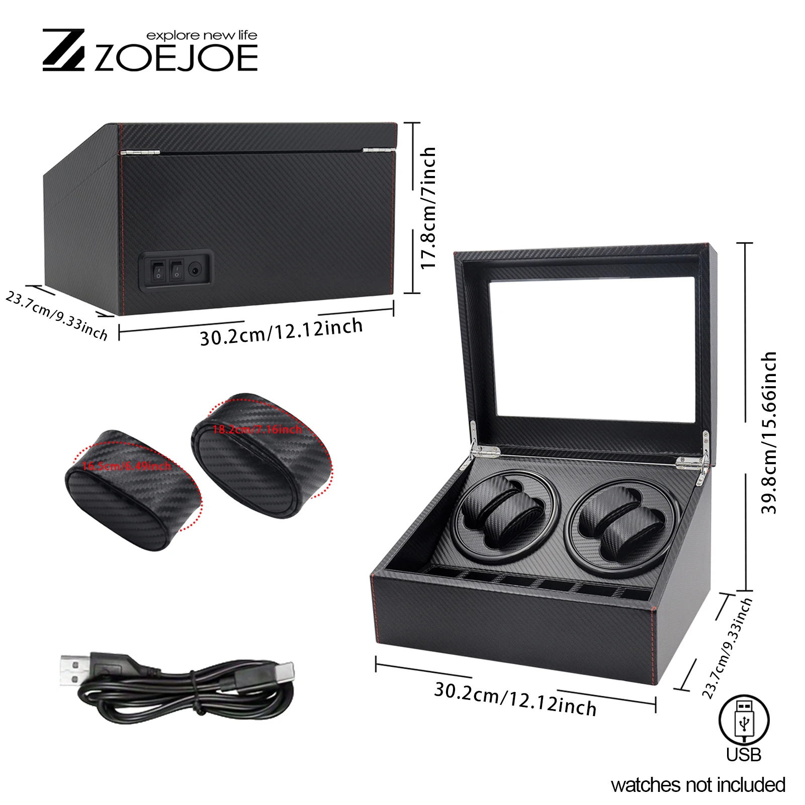 ZOEJOE Automatic Watch Winder 4 Slots 6 Watch Storage Spaces USB Cable Power Quiet Motor Low Noise Watch Winder Birthday Gifts