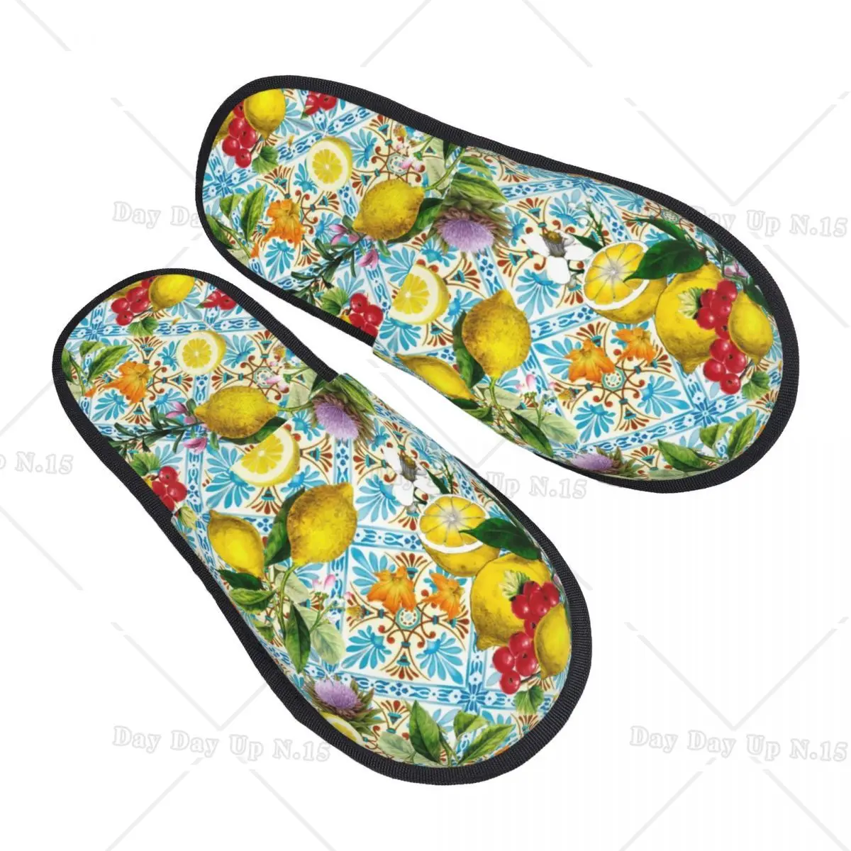 Sicilian Lemons And Romantic Tiles House Slippers Women Soft Memory Foam Citrus Fruit Painting Slip On Spa Slipper Shoes