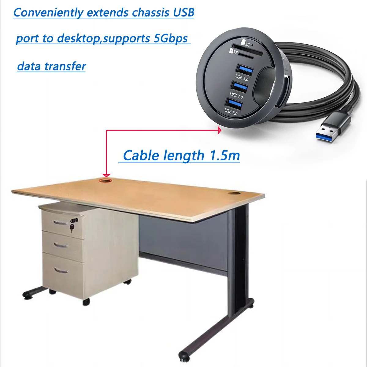 

2.36"/60mm Desktop USB 3.0 Hub SD TF 3-Port USB Grommet Splitter Dock Micro SD Card Reader for Desktop Desks