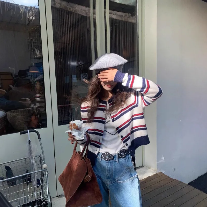 

Women's Long Sleeve Knitted Sweater Striped Color Block Fashionable Autumn New Style Casual Cardigan Top Trendy Ins Style