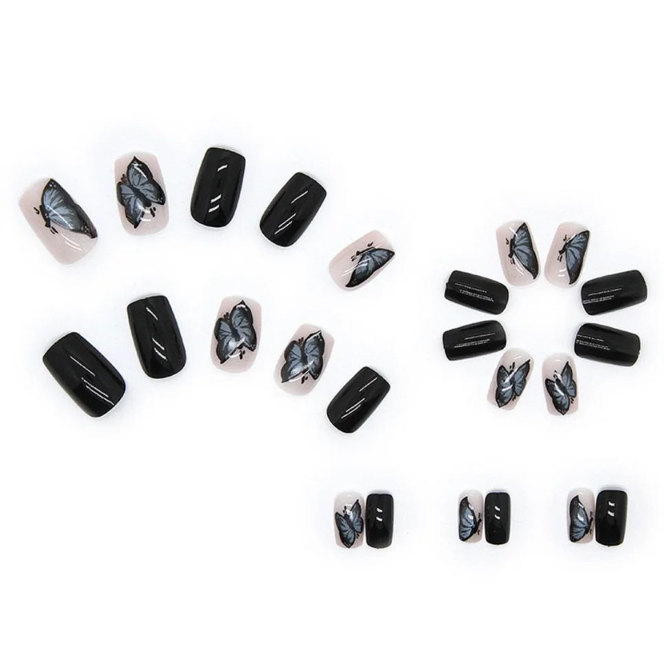 24Pcs Middle Length Black Square Head False Nails Butterfly Pattern Design Artificial Press on Nail Women Wearing Fake Nails Art