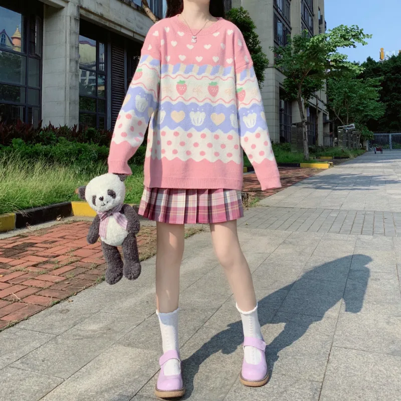 Winter Cute Sweet Pink Sweater for Women Teen Japan School Girl Kawaii Oversized Strawberry Loose Knitted Pullover