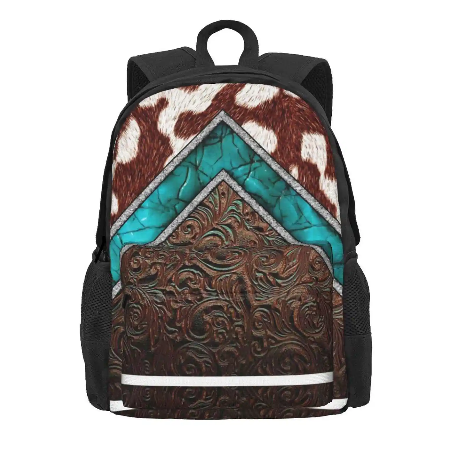 Western Cowgirl Pattern Cowhide Turquoise And Tooled Leather Fashion Travel Laptop School Backpack Bag Western Cowgirl Pattern