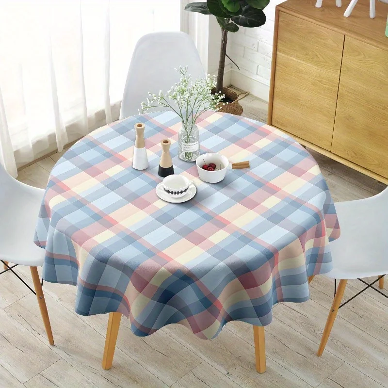 One Bohemian round tablecloth - with a pink and blue checkered design