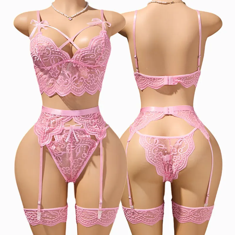 5-teiliges Damen-Lingerie-Set: Spitzen-BH, String, Strumpfhalter + 2 Oberschenkelringe, süße Damenunterwäsche, rosa Intimkleidung, erotisches Set