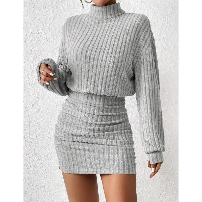 Black Folds Long Sleeves New Fashion Knitted Skirt Elegant Long Length Dress Solid Color Length Young Women's Elegant Ball Dress