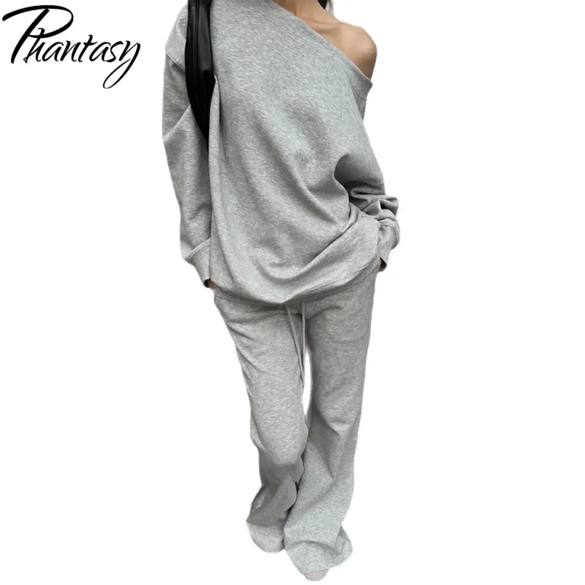 Fantasma y2k outono estilo esportivo conjunto de 2 peças gola inclinada cor sólida solta topo moda esportes alargamento perna calças conjunto roupa feminina