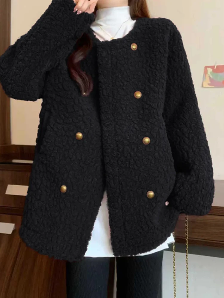 

Женское пальто из овечьей шерсти больших размеров, осенне-зимнее, новое, с двойной застежкой на пуговицах, вязаный свитер с высокой талией, однотонное