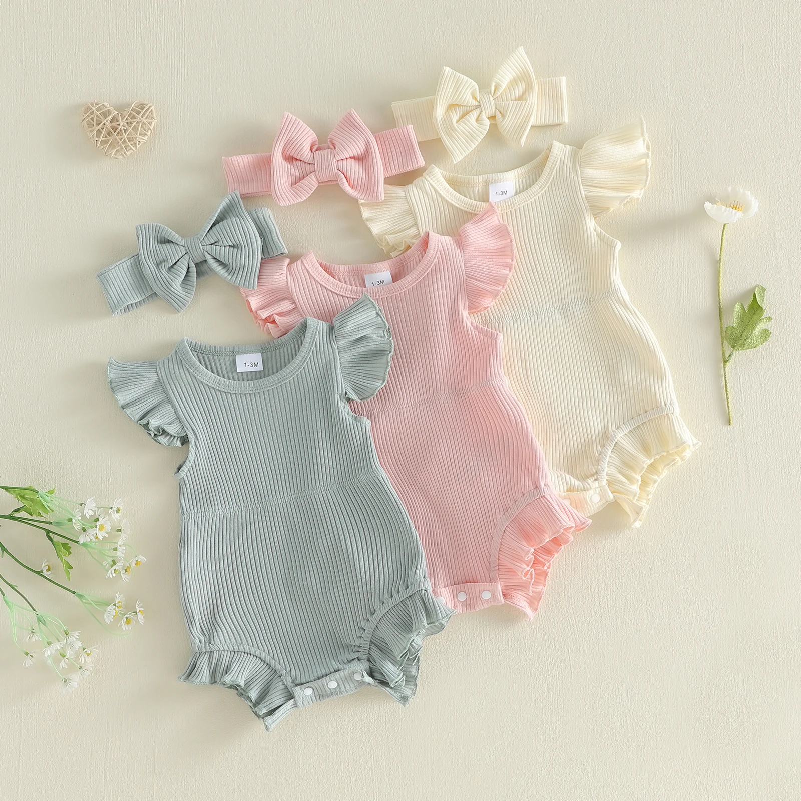 Newborn Girl Solid Color Ruffles Bodysuits Fly Sleeve Crew Neck Lace Romper with Hairband Solid Summer Clothes