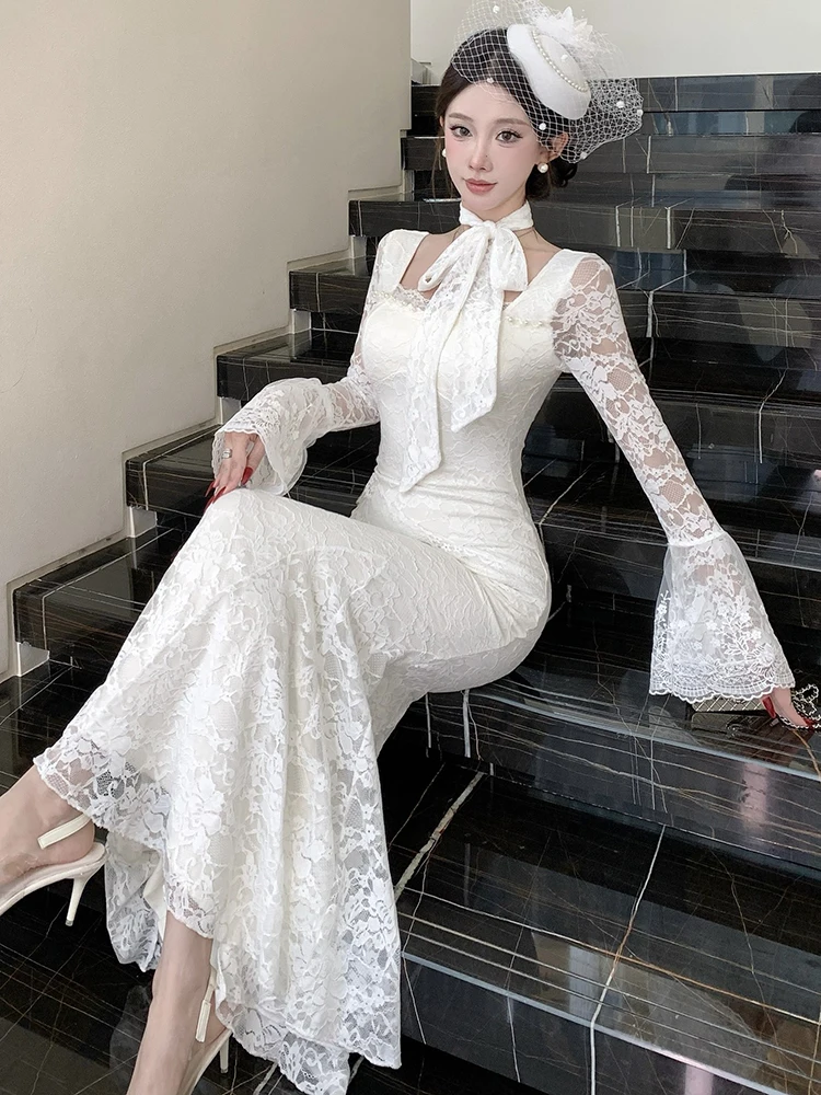Herbst Winter Weiße Spitze Jacquard Flare Hülse Langes Kleid Frauen Elegante Bogen Quadrat Kragen Prom Kleid 2025, Koreanische Luxus Vestidos