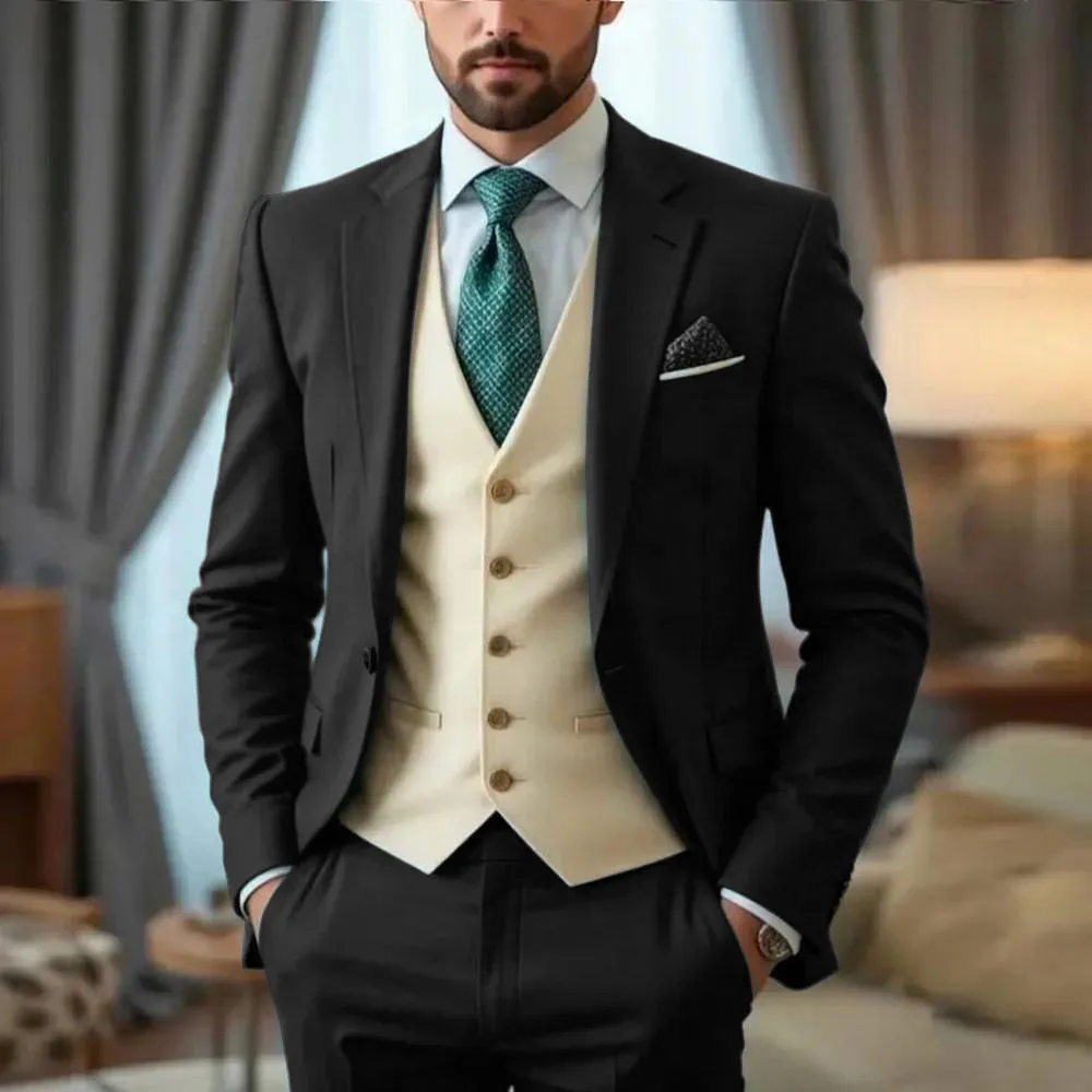 3 Piece Oil Green Men Suits Business Formal Slim Fit Wedding Casual Groom Tuxedos Classic Style Business Jacket Pants Beige Vest