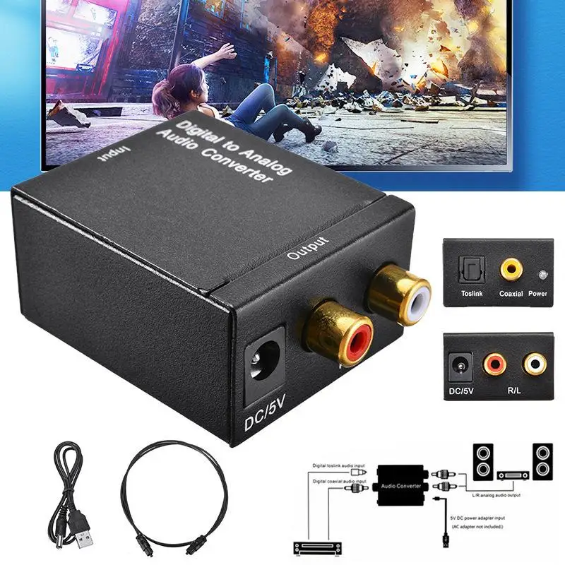 Durable Digital to Analog Audio Converter ABS Shell DAC Optical to RCA Decoder for Daily Home Audio Use