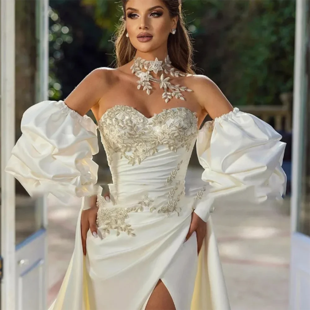 Exquisite Wedding Party Dresses Sweetheart Half Sleeveless A-Line Floor Length Side Split Appliques Flowers Women Prom Gowns