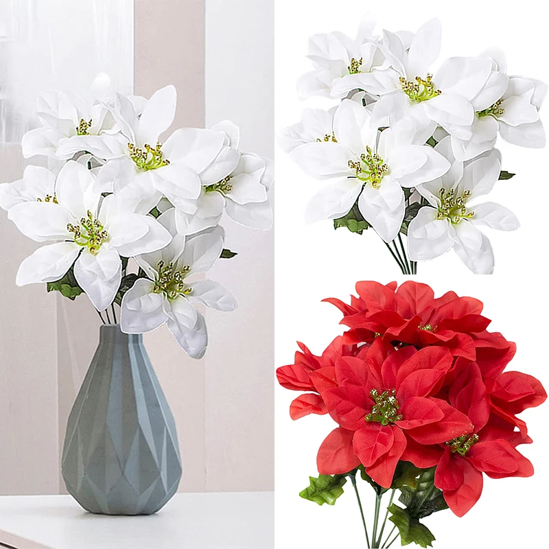 Artificial Poinsettia Shrubs 7 Heads Fabric Christmas White Silk Flower Fake Red Plants Festival Wedding Bouquet Home Decoration