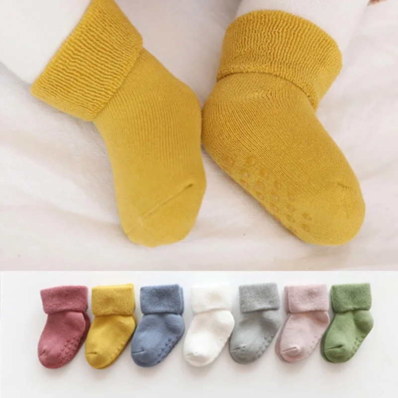 2 Pairs Cute Newborn Baby Socks Thick Fleece Autumn Winter Warm Non-slip Children\'s Socks 0-1-3 Years Boy Girls Sock