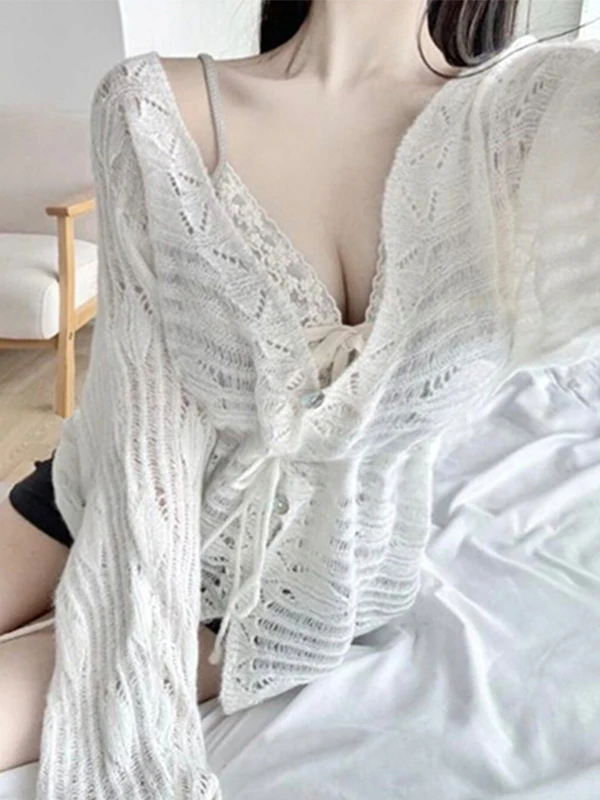 

Korean Style V-Neck Long Sleeve Knitted Jacket Women's Loose Casual Slimming Open Cardigan Top Breathable Comfortable Polyest...