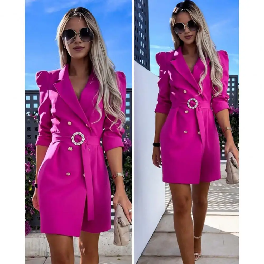 Lapel Dress Women Business Dress Elegant Belted Waist Business Dress with Turn-down Collar V Neck Double-breasted for Office