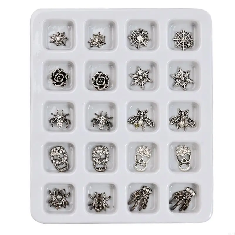 q1fb วินเทจโกธิคอัลลอยเล็บ Art Charms Punk Halloween Silver Skull Art Art