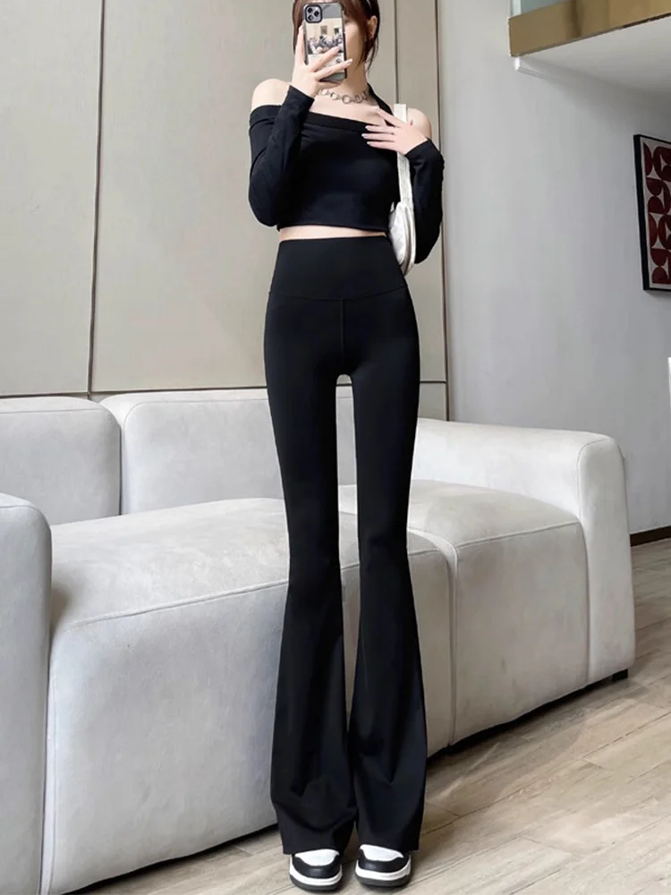High Waist Shark Flared Pants for Women Skinny Elastic Yoga Fleece Leggings Spring Autumn Wear 2025
