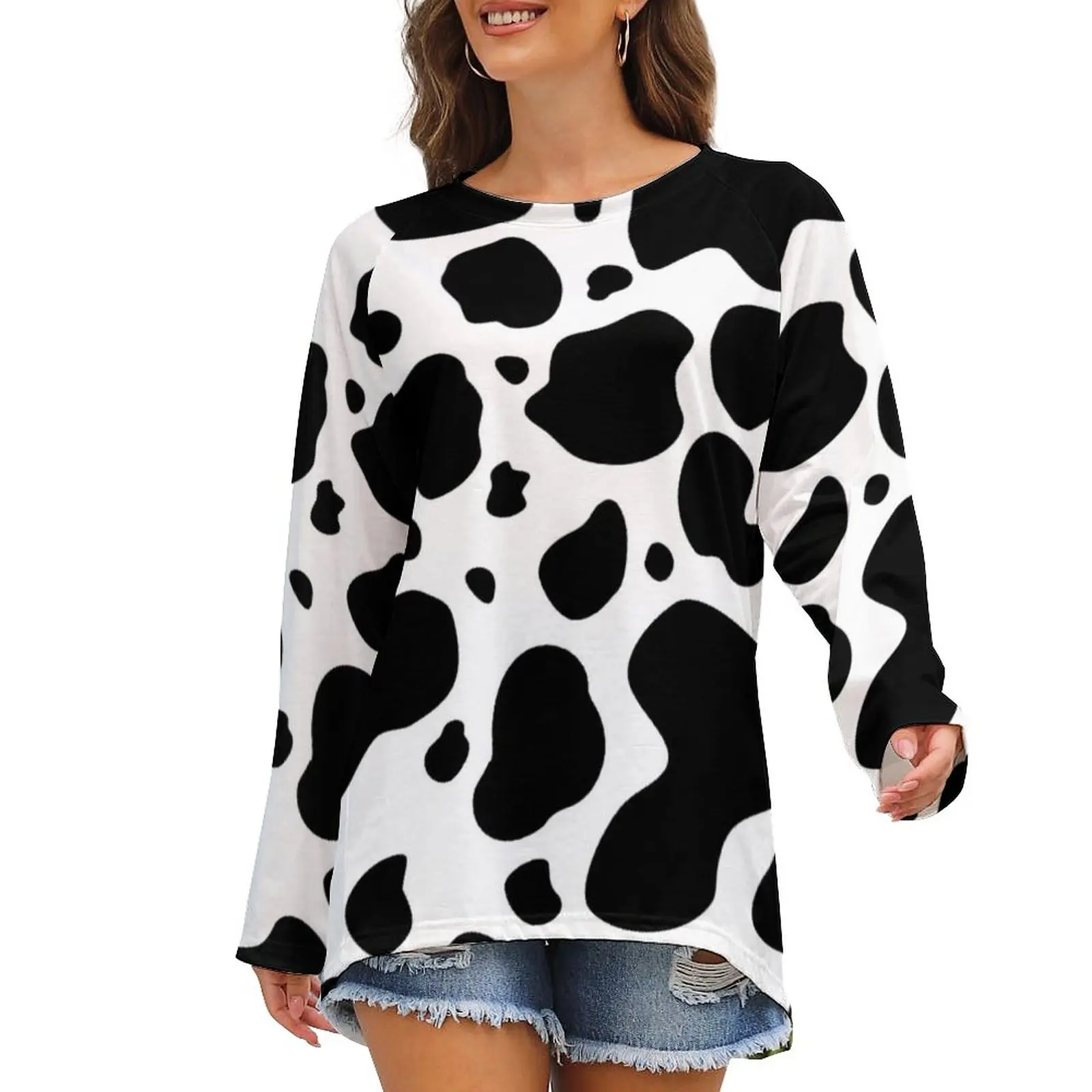 Black And White Cow Print T Shirt Cow Spots Pattern Elegant Long Sleeve T Shirts Casual Oversized Tee Shirt Printed Clothes Gift