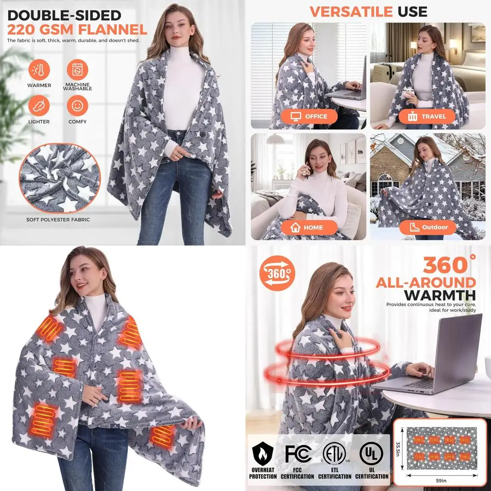 

Portable Cordless Electric Throw Blanket with 20000mAh Battery, 3 Heating Levels, 59x35.5 Navy Shawl