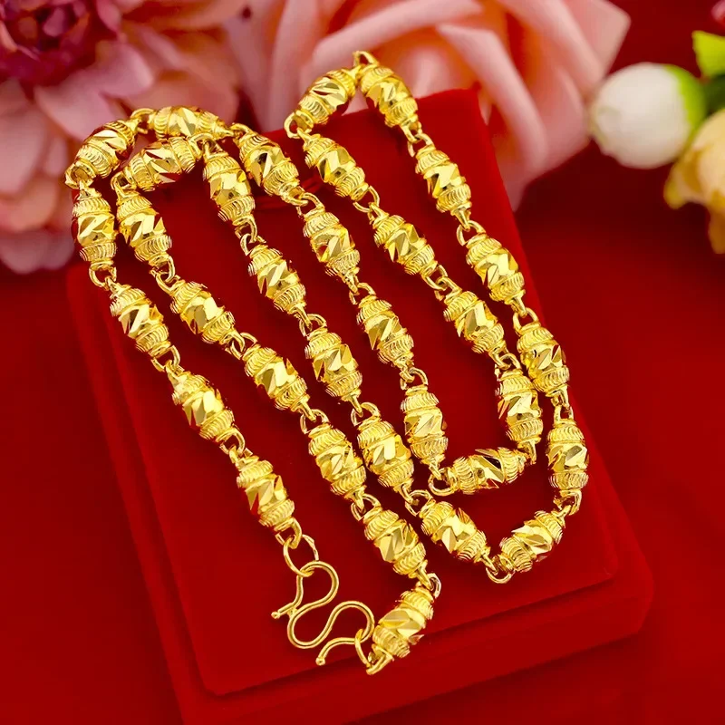 9999 Real Gold 24K Gold Men's Solid Car Flower Olive Bead Necklace European and American Fashion Men's Necklace