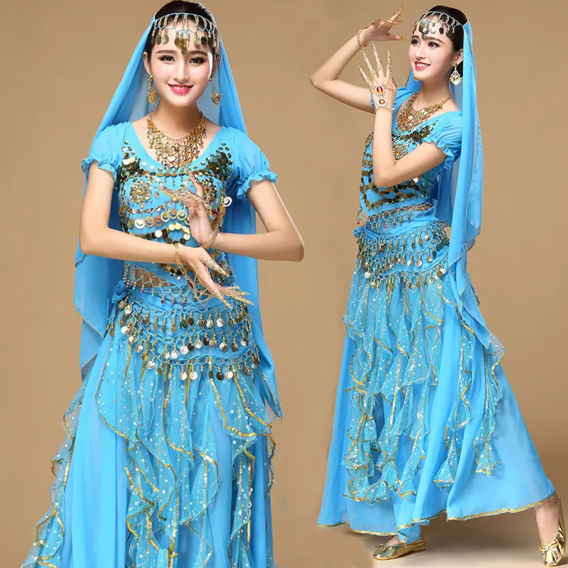 

Sequin Oriental Belly Dance Costume 4pcs Set Tribal Dancing Costumes Egypt Indian Dance Skirt Suit Performance Stage Wear