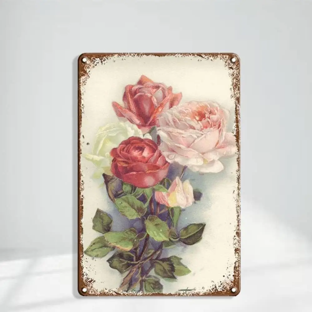 Flowers Are Fun Sign Vintage Metal Tin Sign Pink Rose Tree Tin Sign for Mom, Gift Floral Poster Plaque Wall Sign 20 X 30 cm