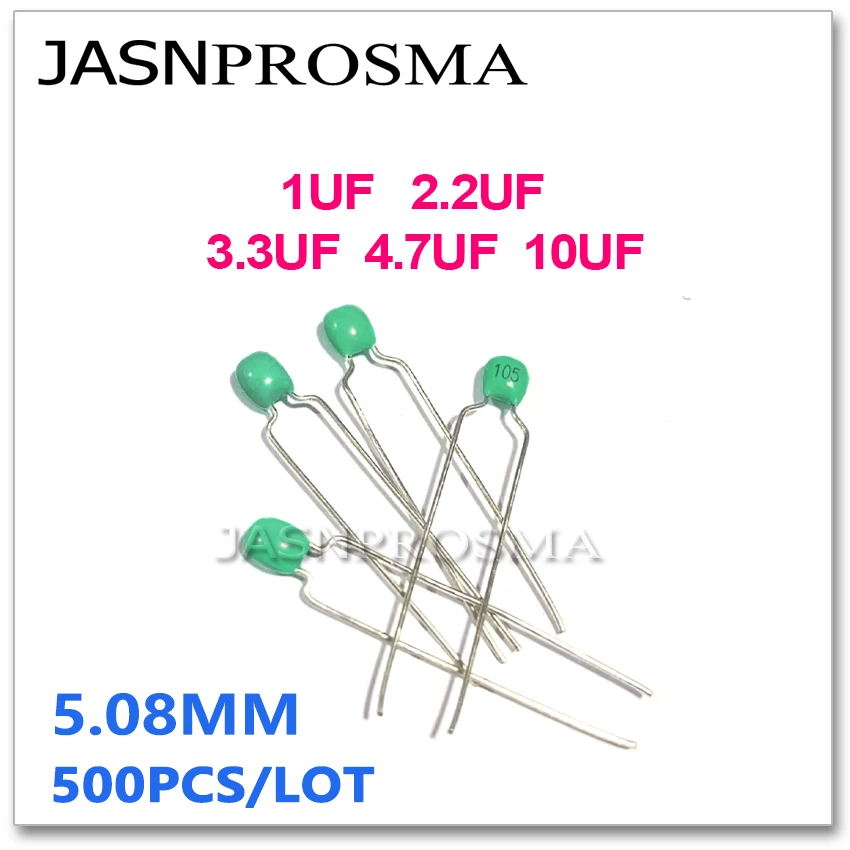 

JASNPROSMA green Monolithic ceramic capacitor 500PCS 63V 1UF 2.2UF 3.3UF 4.7UF 10UF 105 225 335 475 106 5.08mm K 10%