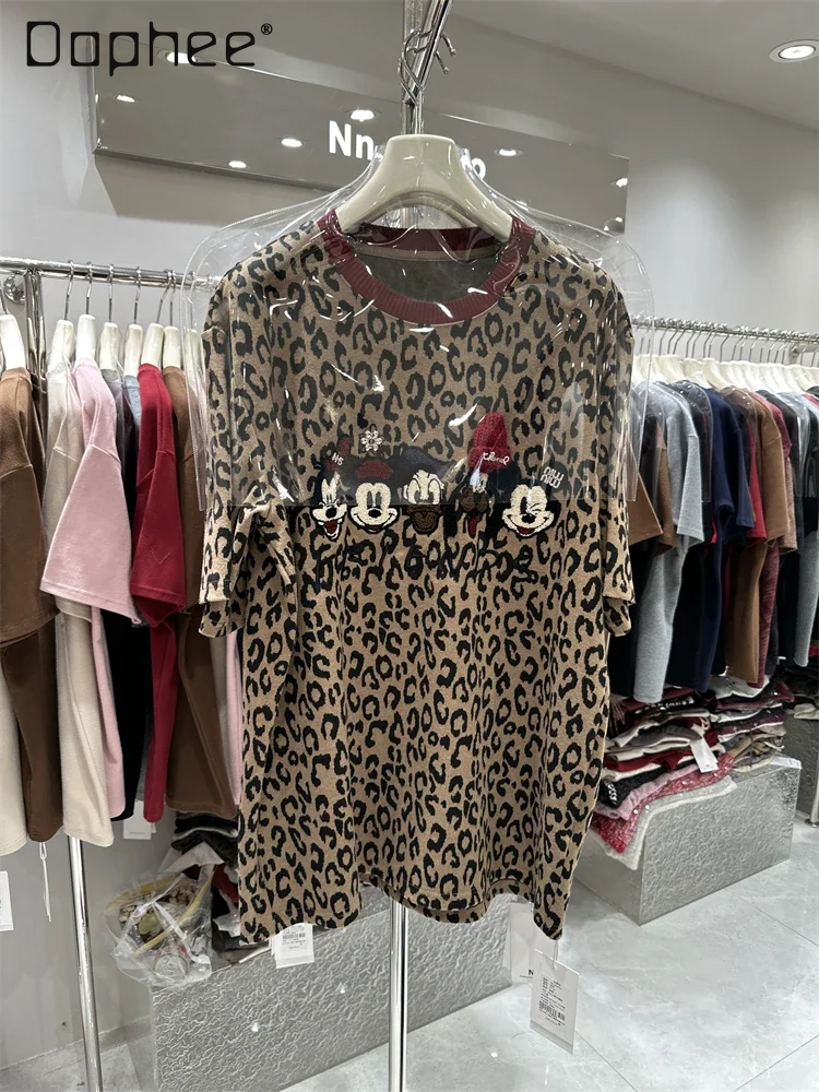 2024 Winter New Thickened Cotton Leopard Print Short-sleeved T-shirt Fashion Cartoon Embroidery Mid Length Top Women Clothing