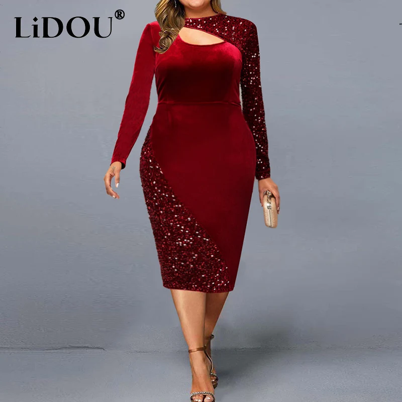 Autumn Winter Plus Size Elegant Fashion Sequins Patchwork Bodycon Dresses 5XL Long Sleeve Evening Party Dress Vestidos De Fiesta