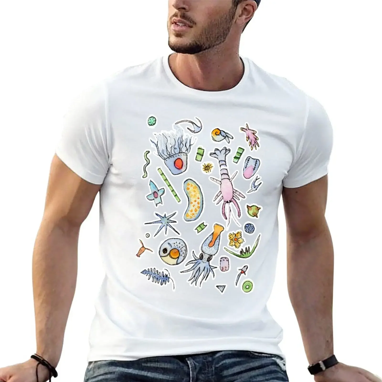 Pastel Ocean Plankton in Watercolor T-Shirt new edition korean fashion quick drying Men's clothing