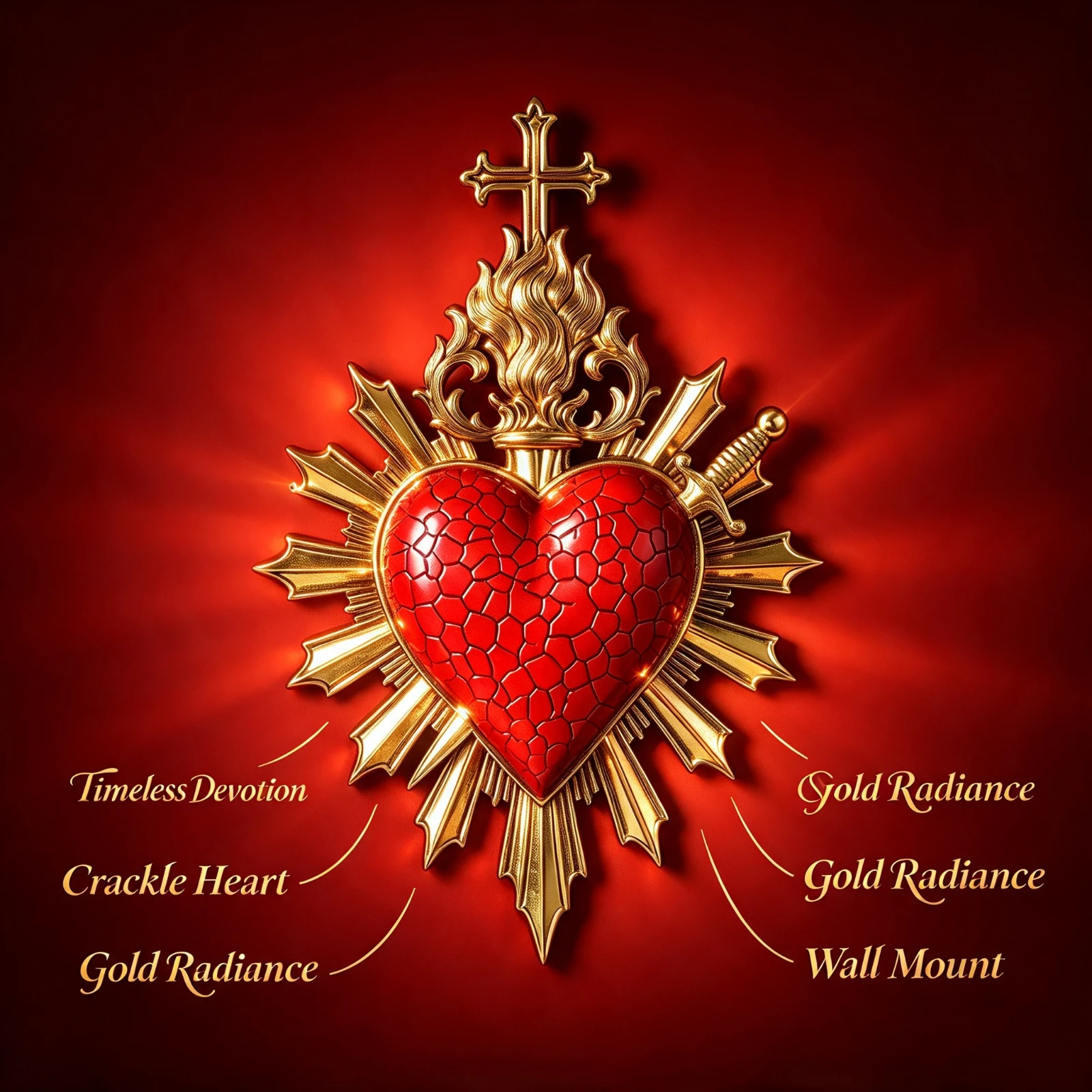 Gold Sacred Heart Wall Decor, Red Crackle Cross Sword Vintage, Catholic Religious Art Ornament Home, Living Room Gothic Gift