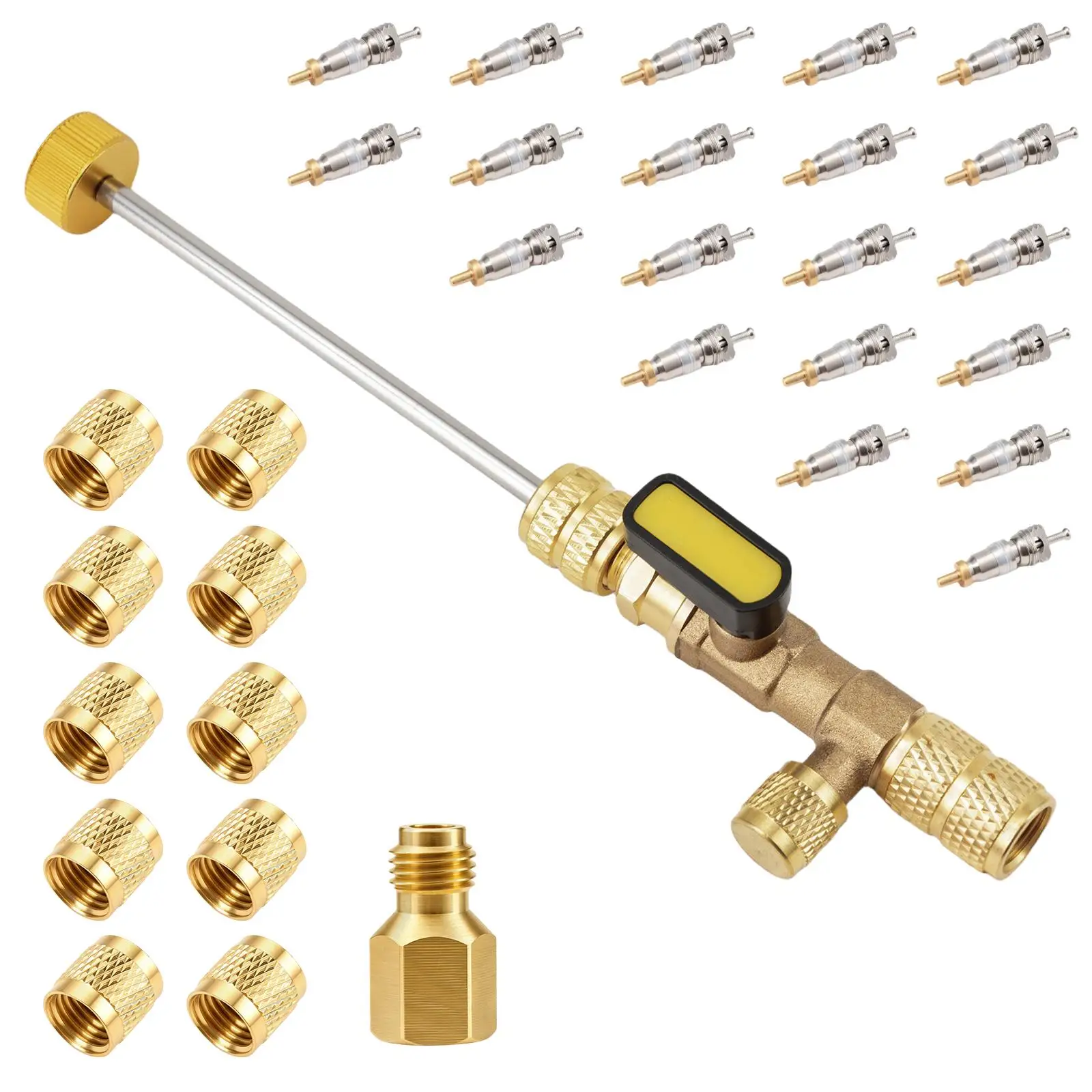 

Valve Core Remover Installer Tool Dual Size SAE 1/4 5/16 Port HVAC Air Conditioning Repair Kit with 20Pcs Valve Cores 10Pcs Brass Nuts for R22 R12 R410 R404 R32 Refrigeration Maintenance