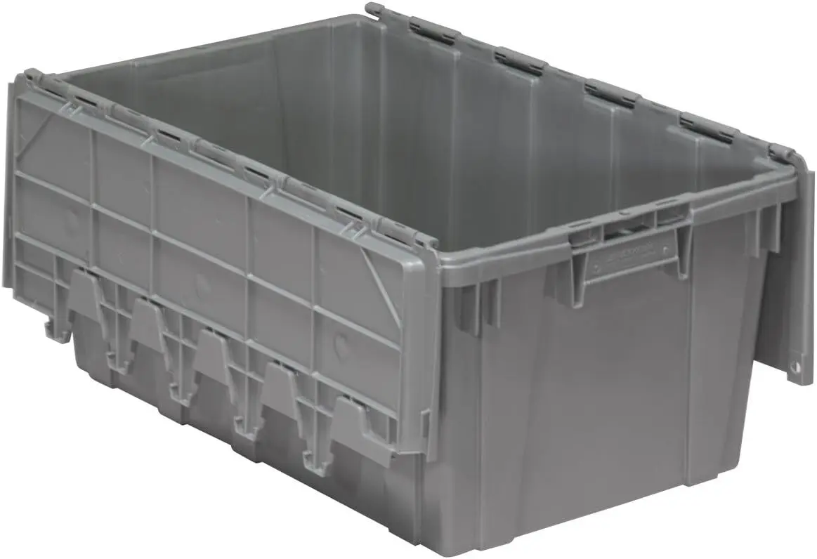 Industrial Plastic Storage Tote with Hinged Attached Lid, (27-Inch L by 17-Inch W by 12-Inch H), Gray, (4-Pack)