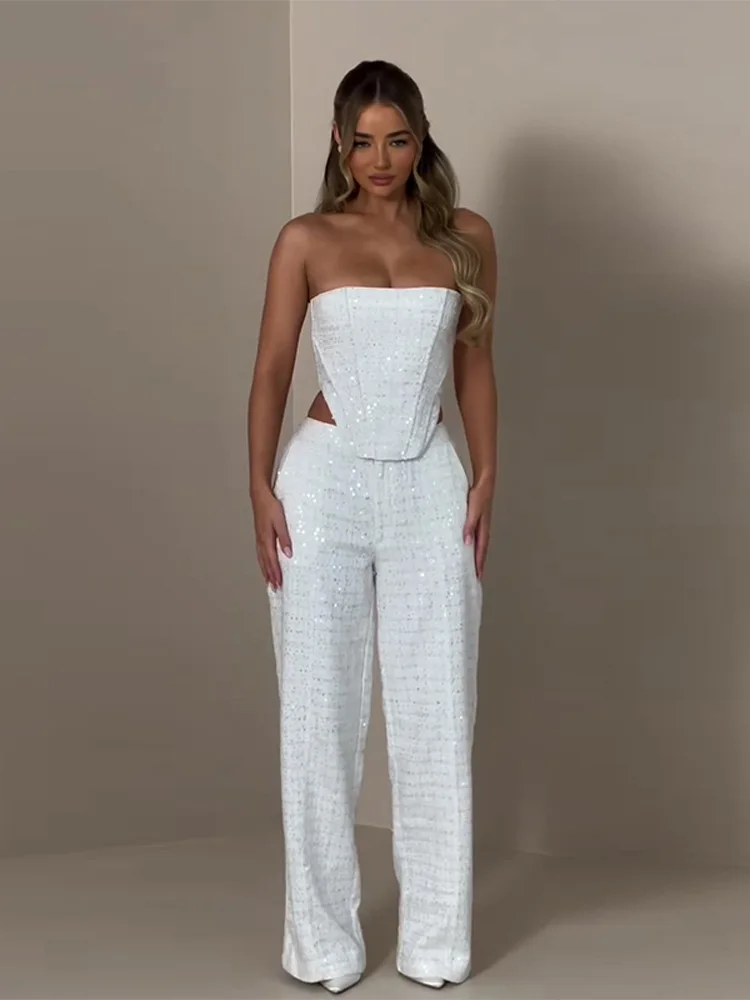 

Summer New Women's White Denim 2 Piece Pants Suits Set Sleeveless Crop Top Matching High Waist Wide Jeans Elegant Female Outfits