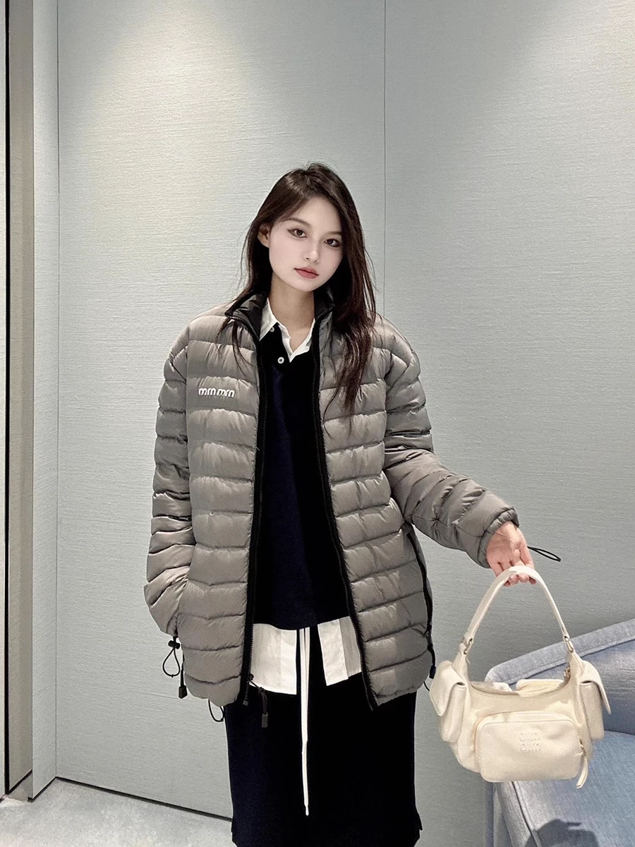 Lotton High-Defn Autumn Winter New Sle Embroidered Letter Logo Zipper Bright Surface down Jaet Stand Collar Women