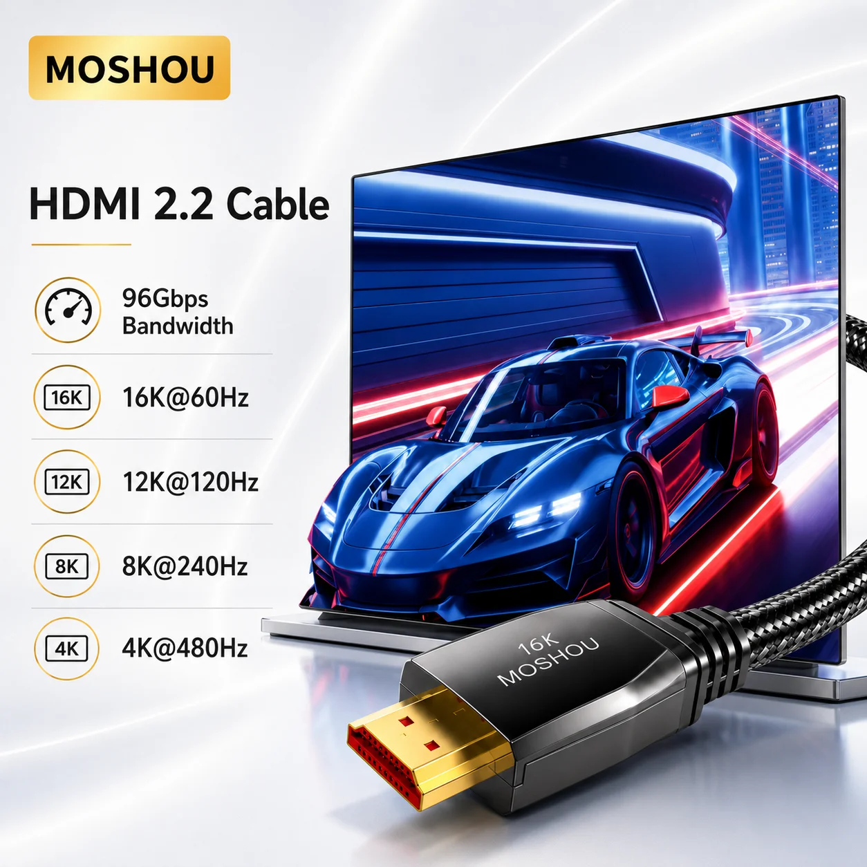 

16K HDMI Cable 2.2 4K@480Hz 12K@120Hz 96Gbps High Speed Cord for PS5 TV Gaming Console Monitor Support HDR eARC DTS:X HDCP 2.3