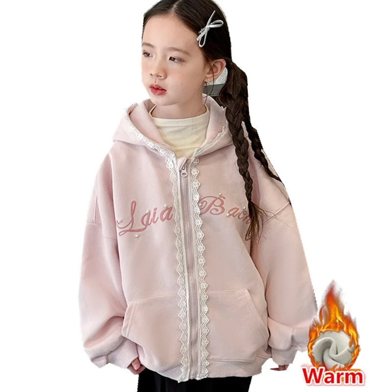 

Kids Winter Warm Hooded Jacket Coat With Lace For Girls Zipper Insulated Sweatshirt Jacket Outfit Child Fleece Lined Outerwear