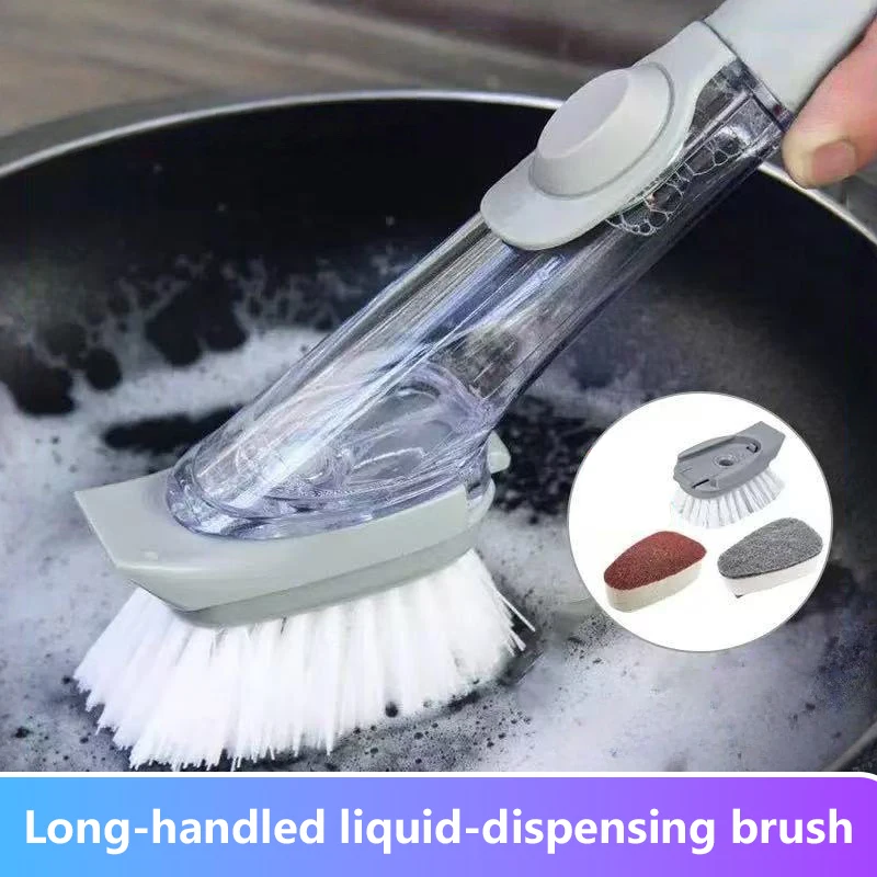 2 In 1 Multifunctional Cleaning Brush Long Handle Automatic Liquid Addition Brush 2 Heads Sponge And Brush Cookware Kitchen